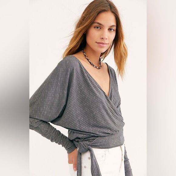 We The Free Tops - We The Free East Coast Faux Wrap Top Deep V-Neck Open Back Grey Blouse Sz XS